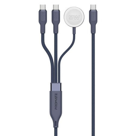 كيبل شحن USB-C فائق السرعة بقوة 100 واط مع مخرجين USB-C ، وشاحن لساعة أبل، يدعم مزامنة البيانات بسرعة 480 ميجابت في الثانية، تصميم مضفر متين بطول 140 سم – القوة والأداء في كابل واحد - Promate Fusion-CCW