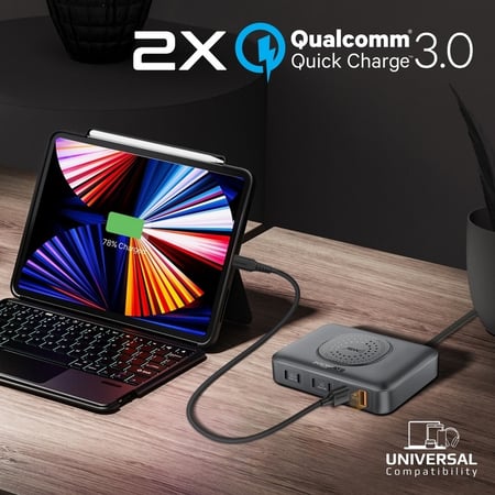 أفضل محطة شحن على الأطلاق  7 في 1 GaNFast™ بقدرة 100 واط  وشاحن لاسلكي بقدرة 15 واط  و 2 × 100 واط منفذ يو اس بي سي • 2 × 30 واط منفذ يو اس بي سي و2 × 30 واط منفذ يو اس بي 3.0  بطول كابل 1.5 متر .  Promate PowerBase-GaN100