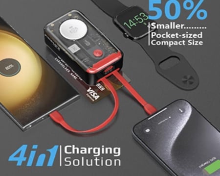 بطارية مميزة جدا بسعة 10 الف ميلي آمبير مع شاحن ساعة ابل سريع و سلك شاحن تايب سي USB- C بقدرة 35 واط PD و سلك ايفون سريع بقدرة 20 واط PD - ومنفذ تايب سي لشحن البطارية و الشحن منها In/Out  بنفس الوقت Promate Mavrix