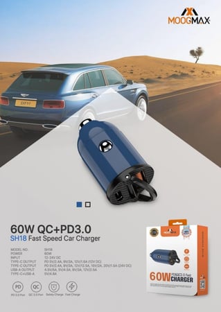 موج ماكس شاحن لاسلكي للسيارة PD من MOOGMAX بمنفذين وقوة 60 واط و تقنية PD للشحن السريع