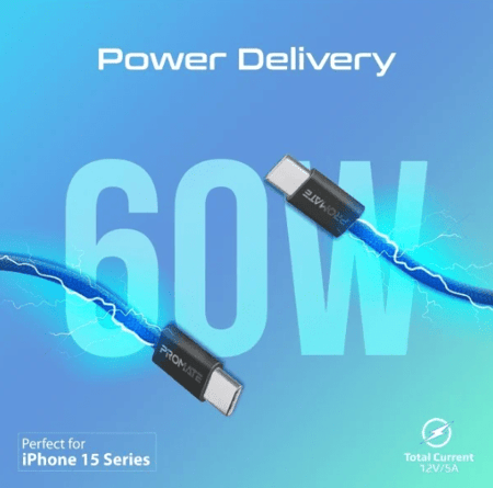 أسرع وأفضل كيبل فائق السرعة بطول 1.2 متر وقوة 60 واط ، مصنوع من القماش المضفر لضمان المتانة والقوة ويتميز بسرعة نقل البيانات والشحن السريع مع عمر انحناء يتجاوز 25000 مرة - Promate EcoLine-CC120