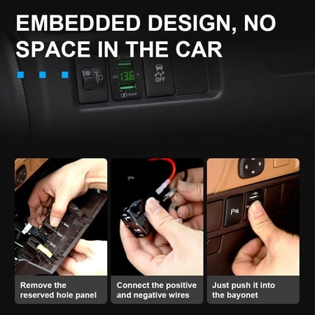 شاحن Type-C + USB سريع QC + مقياس فولت تويوتا مربع