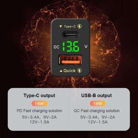 شاحن Type-C + USB سريع QC + مقياس فولت تويوتا مربع
