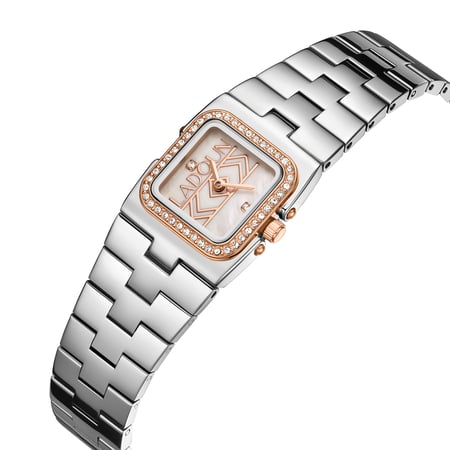 ساعة نسائية ستيل لون فضي و روز بمينا صدفي من لادون