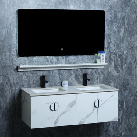 مغاسل ديكور بلايوود ابيض مرخم  حوضين رخام مقاس 120 سم