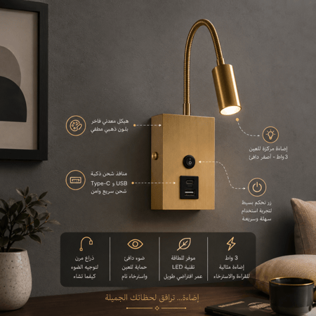 إضاءة حائط للقراءة مودرن موجهة مع منفذ Tyep-C و USB ذهبي زيتي لون الانارة اصفر واط 3