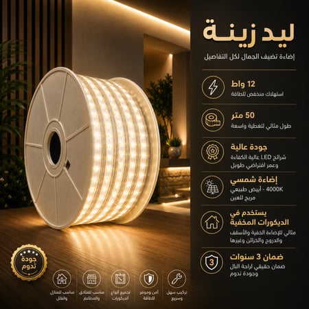 ليد زينه 12 واط 50 متر جودة عالية ابيض ضمان 3 سنوات
