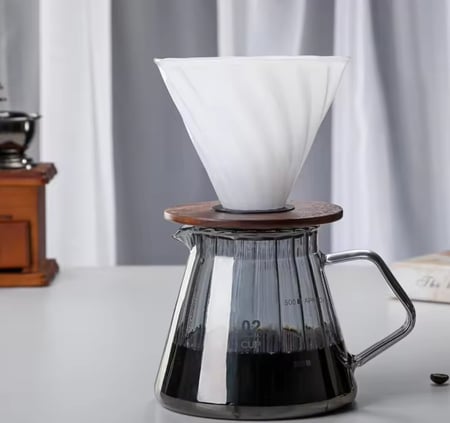 قمع تقطير ضبابي V60 زجاجي مع قاعدة خشبية | V60 Dripper