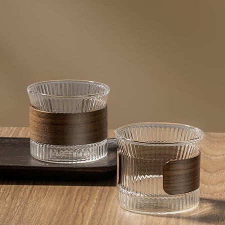 كوب زجاج بممسك خشبي - 6 الوان | Glass Cup Wooden Ring