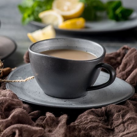 كوب مموج مع صحن بني داخل رمادي 210 مل | Ceramic Gray
