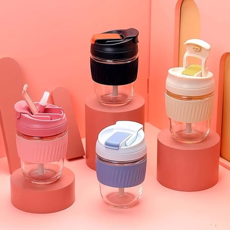 كوب زجاجي بغطاء سيليكون - 360 مل | Glass Cup