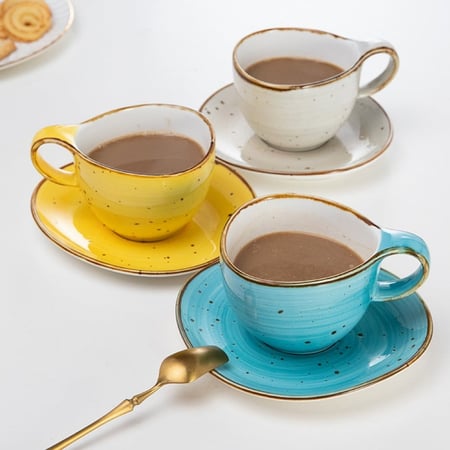 كوب سيراميك احمر فاتح فاخر مع صحن منقط | CERAMIC RED