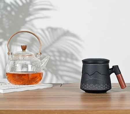 كوب سيراميك مسكة خشبية مع مصفاة - 400 مل | Cup Ceramic