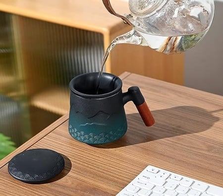 كوب سيراميك مسكة خشبية مع مصفاة - 400 مل | Cup Ceramic