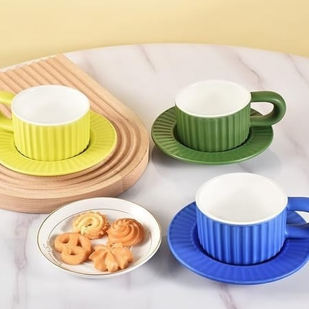 كوب سيراميك مخطط مع صحن - 200 مل | CERAMIC CUP