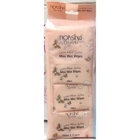 نورسين مناديل مبللة ميني بينك - 10 مناديل  × 12 بكت