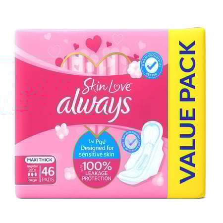 أولويز سكين لوف فوط صحية قطنية ناعمة للبشرة الحساسة ماكسي سميكة طويلة بالأجنحة - 46 فوطه