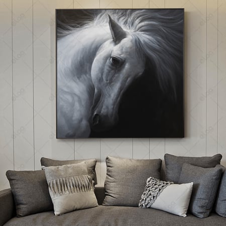 لوحة منظر طبيعي حصان أبيض خلفية سوداء