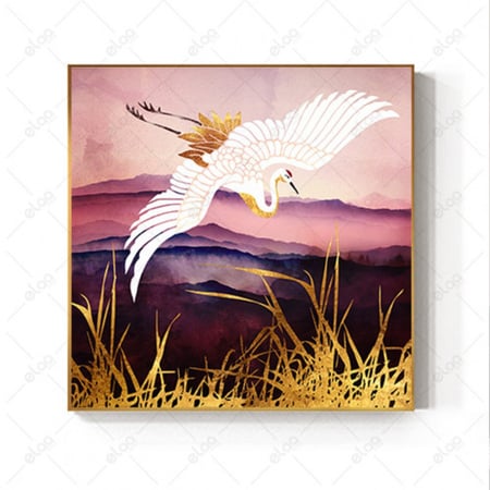 لوحات جدارية فن تجريدي درجات اللون الموف مخلوطة بالذهب وصورة طائر