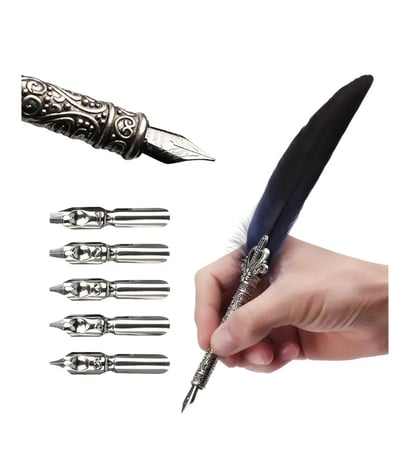 قلم مع ريشة فاخرة لون أزرق وخمس رؤوس معدنية للخط العربي