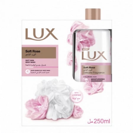 لوكس غسول جسم عطري ب الورد الناعم مع ليفة 250 مل.