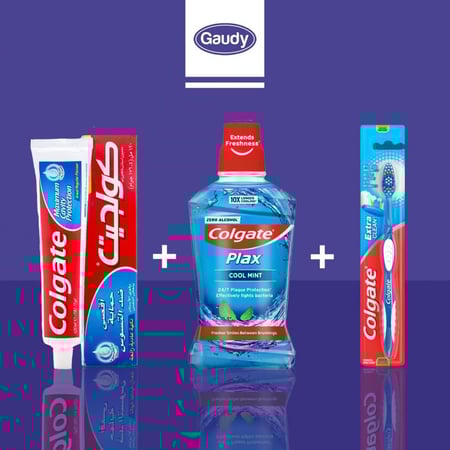 معجون اسنان ضد التسوس120 مل+ غسول بطعم النعناع 250 مل+ فرشاة اسنان دبل اكشن من كولجيت