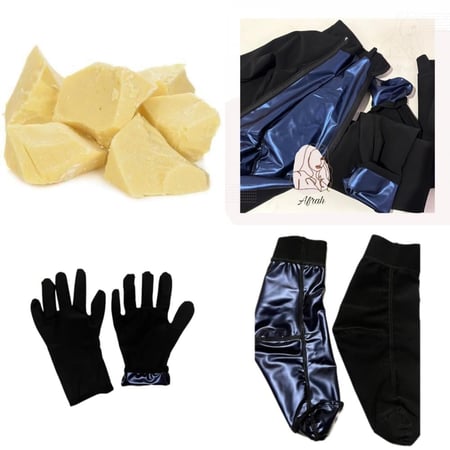 بكج بدلة الساونا عباره عن ( بدله ساونا ستره وبنطال+ جوزين جوارب ساونا+جوزين قفازات ساونا+ زيدة الشيا الافريقيه الاصليه