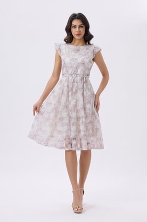 فستان ميدي ابيض بنقشة أنثوية وحزام لؤلؤ | Prando