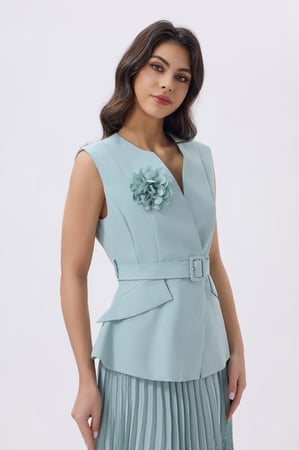 طقم تركوازي أنيق بلوزة وتنورة ميدي بكسرات | Prando