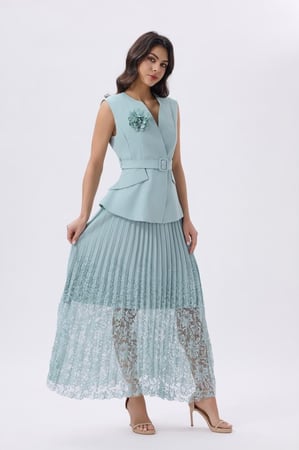 طقم تركوازي أنيق بلوزة وتنورة ميدي بكسرات | Prando