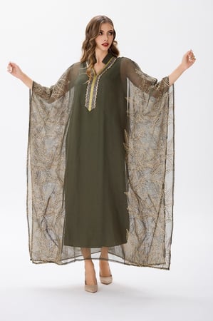 جلابية شيفون زيتي مزينة بتطريز ذهبي