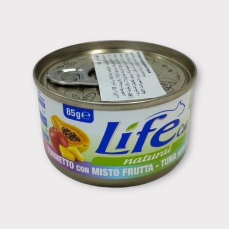 Life cat TUNA with MIXED FRUITS 85g  معلبات أكل قطط