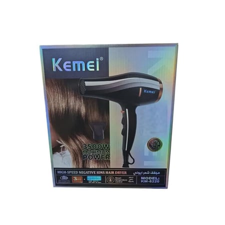 مجفف شعر احترافي Kemei KM-8820 بتقنية الأيونات، قوة عالية وسرعات مختلفة، باللون الأسود