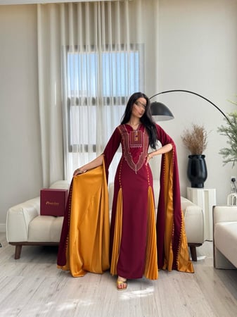 جلابية عسيريه  عنابي وكسرات كركمي