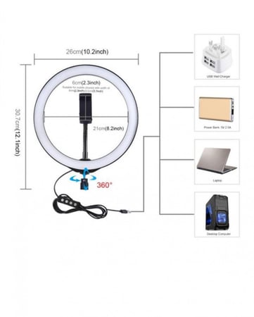 إضاءة تصوير +حامل للهاتف  بطول 10 بوصه