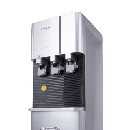 بلاتينيوم WD-6210 موزع مياه بتحميل علوي 5لتر حار/2 لتر بارد، مزود بـ 3 صنابير (عادي / بارد / ساخن) مع قفل أمان للأطفال، قدرة تسخين 500 واط وتبريد 85 واط –  فضي/أسود