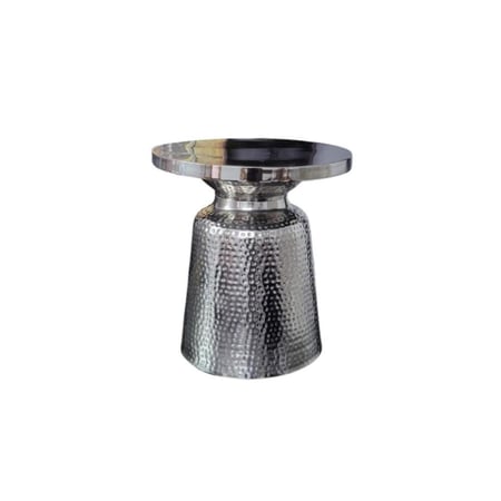 طاولة تقديم هندي معدن دائرية بقاعدة اسطوانية منقوشة لون فضي