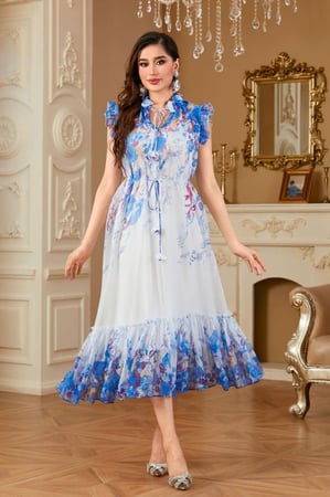 فستان بقماش الاورجنزا بلون الازرق