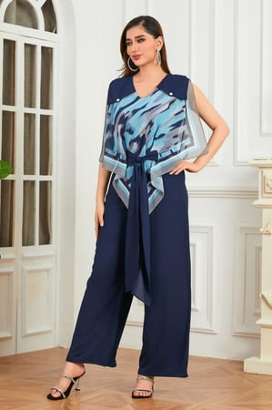 طقم شيفون أزرق بنطلون وبلوزة