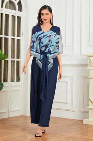 طقم شيفون أزرق بنطلون وبلوزة