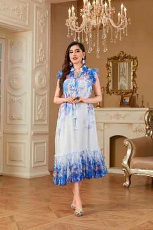 فستان بقماش الاورجنزا بلون الازرق