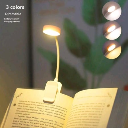 مصباح قراءة LED قابل للتثبيت والشحن – إضاءة قابلة للتعديل (أبيض، أصفر، أبيض دافئ) مع تحكم في السطوع.