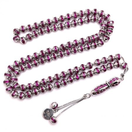 سبحة فضة مرصعة بأحجار زركون وردي غامق