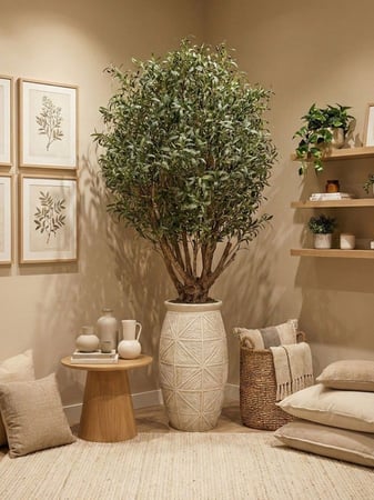 شجرة زيتون صناعية بجذع طبيعي - حوض فايبر فاخر