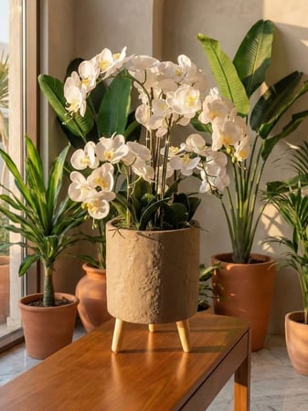 نبتة أوركيد بيضاء بمركن رمادي متموج وأرجل خشبية