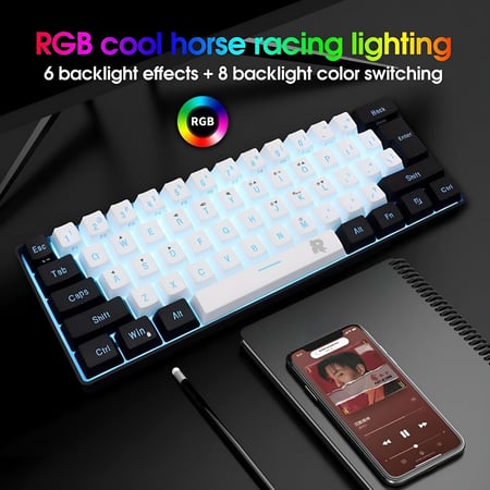 كيبورد قيمنق صغير أبيض وأسود بإضاءة RGB