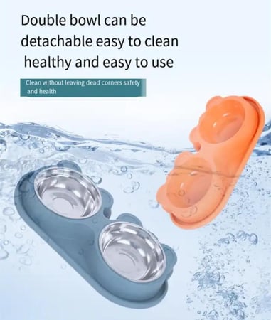 طقم أوعية طعام وماء مزدوج للقطط والكلاب من الستانلس ستيل ( لون أزرق)