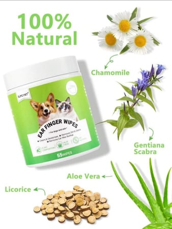 مناديل تنظيف الأذن للكلاب والقطط بسعة كبيرة - عبوة تحتوي على 55 قطعة - مناديل لطيفة غير مهيجة لتنظيف الأذن