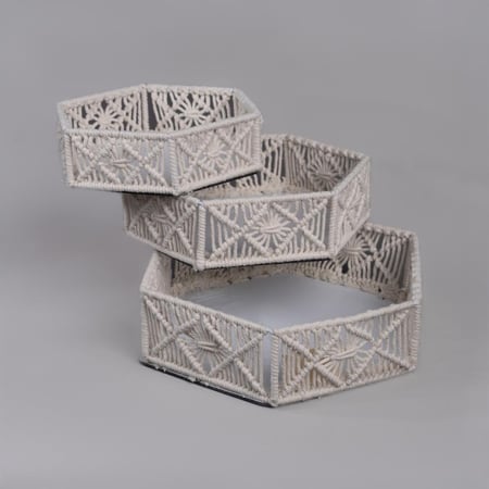 طقم 3 سلال سداسية من الحبل الأبيض