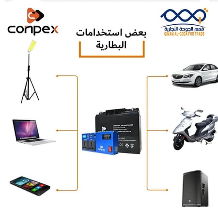 محول كهرباء 200 واط مرفق مع بطارية Conpex بمنافذ USB وفيش ثلاثي.